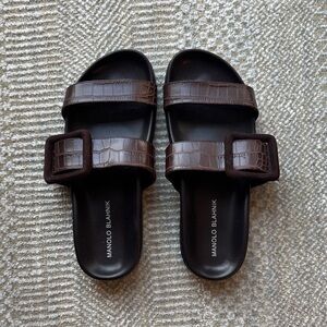 Manolo Blahnik Dark Brown Double Strap Leather / Alligator Sandals